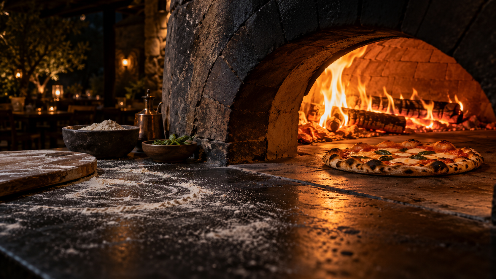 Pizza en un horno de piedra encendido, imagen ilustrativa